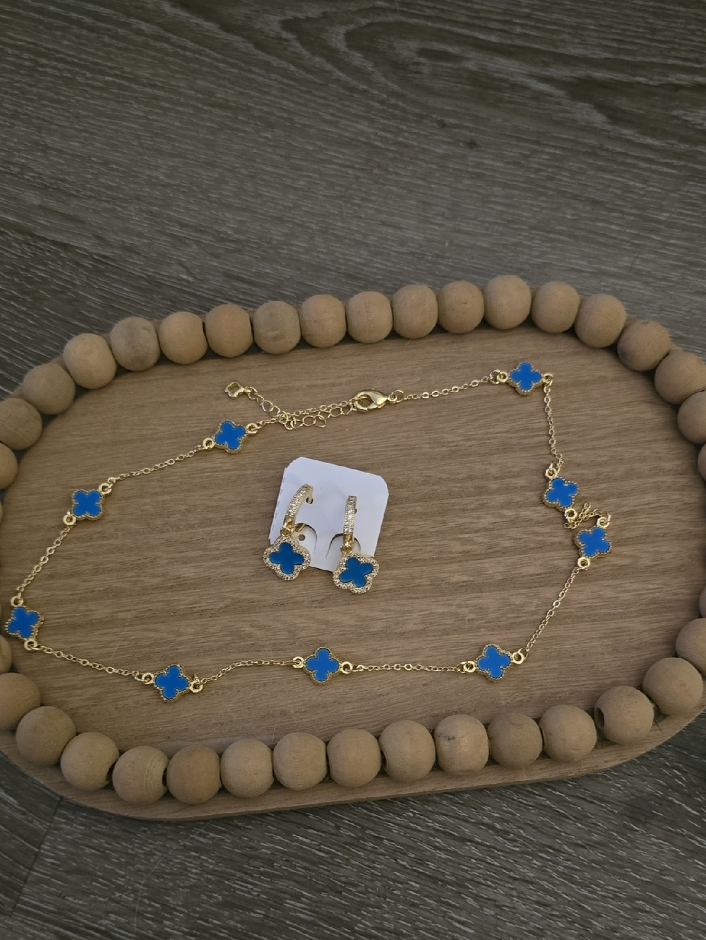 Gold Tone Blue Clover Necklace and Earring Set - Women Jewelry